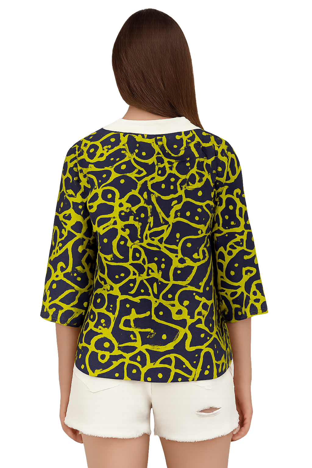 Blue printed three quarter sleeved collar top