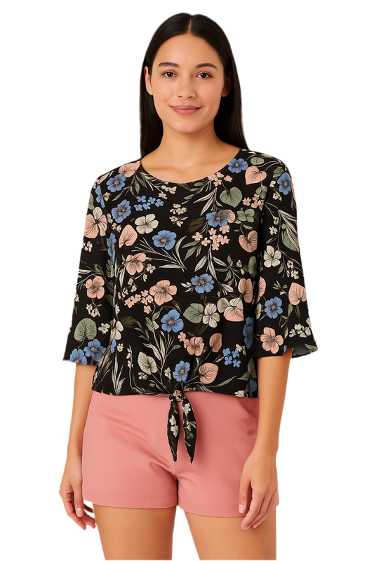 Black Floral Printed Front Knot Top