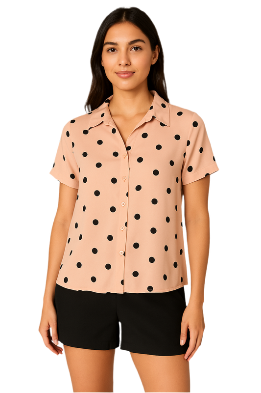 Collared Polka Printed Short Sleeve Pink Top