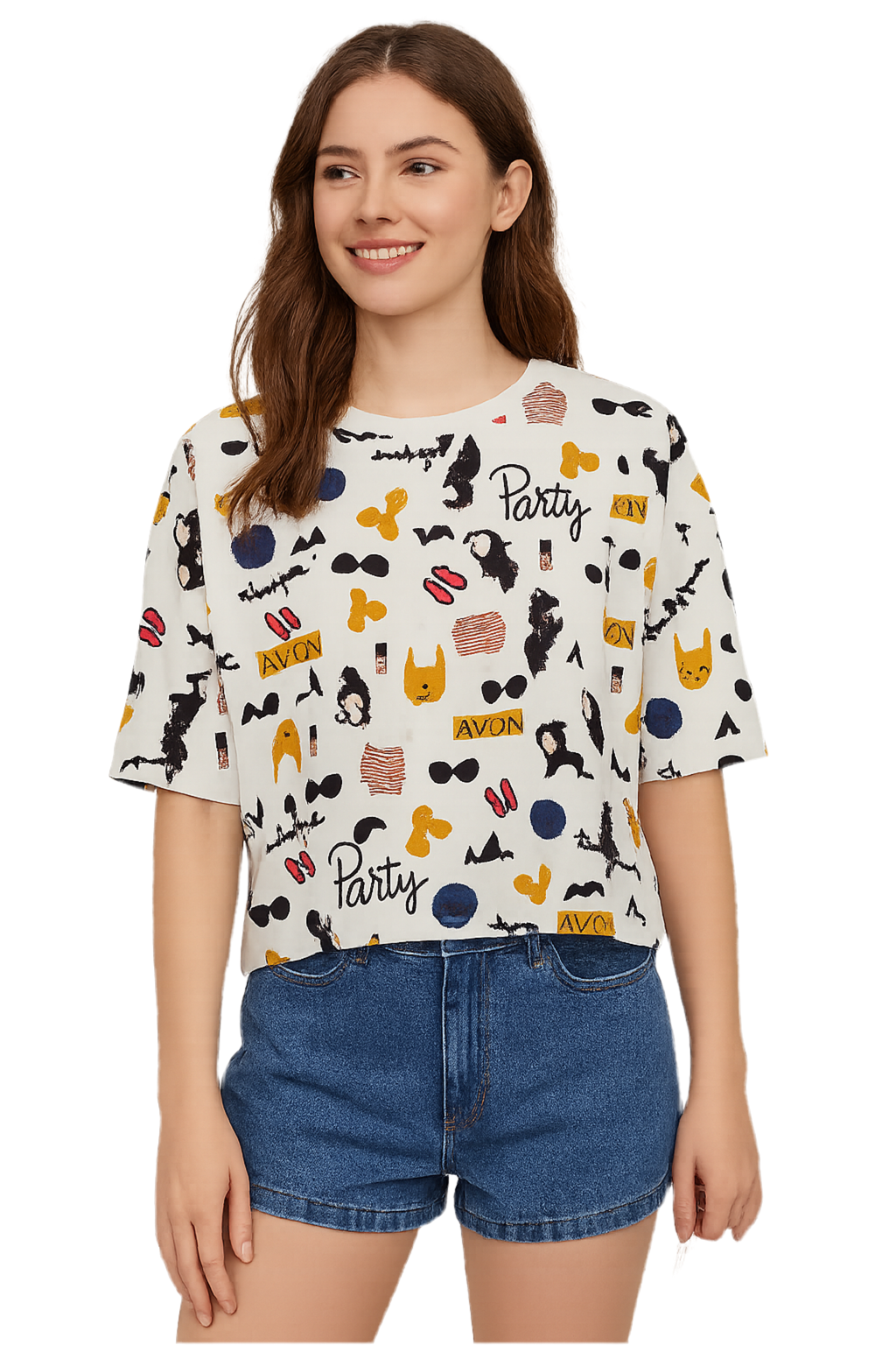 Off White Printed Three Quarter Drop Shoulder Top