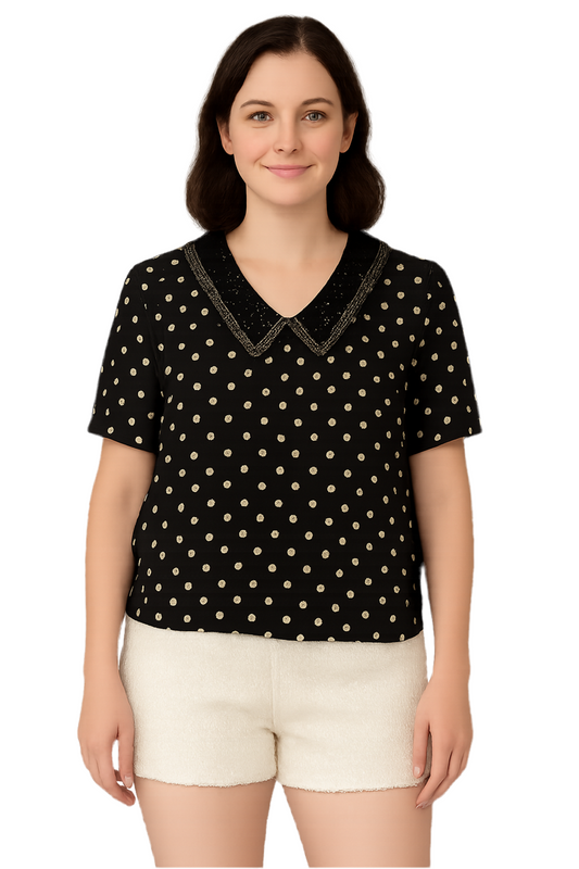 Black Printed Collared A Line Top
