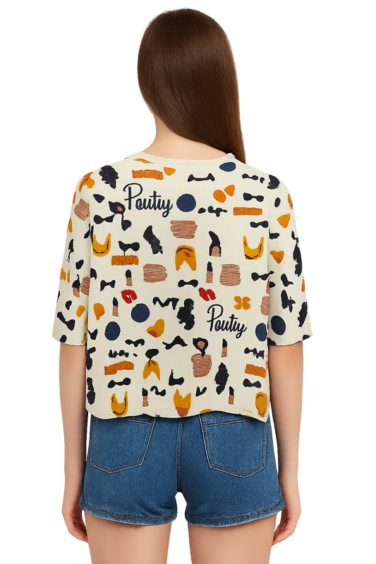 Off White Printed Three Quarter Drop Shoulder Top