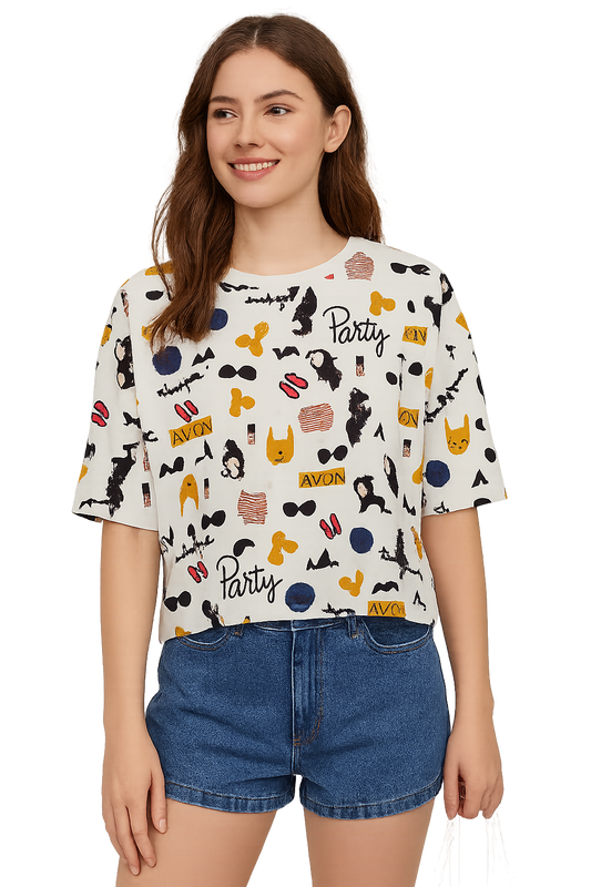 Off White Printed Three Quarter Drop Shoulder Top