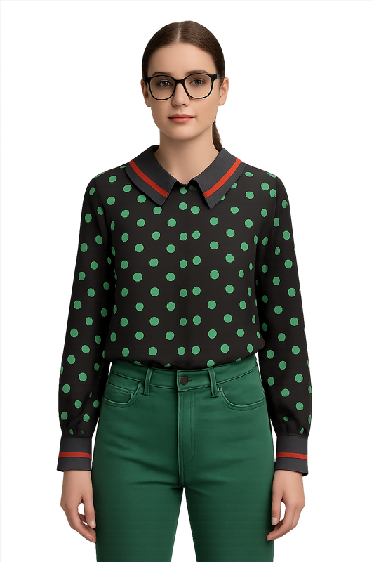 Full Sleeved Black and Green Polka Dot Top