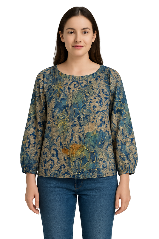 Full sleeved blue printed satin top