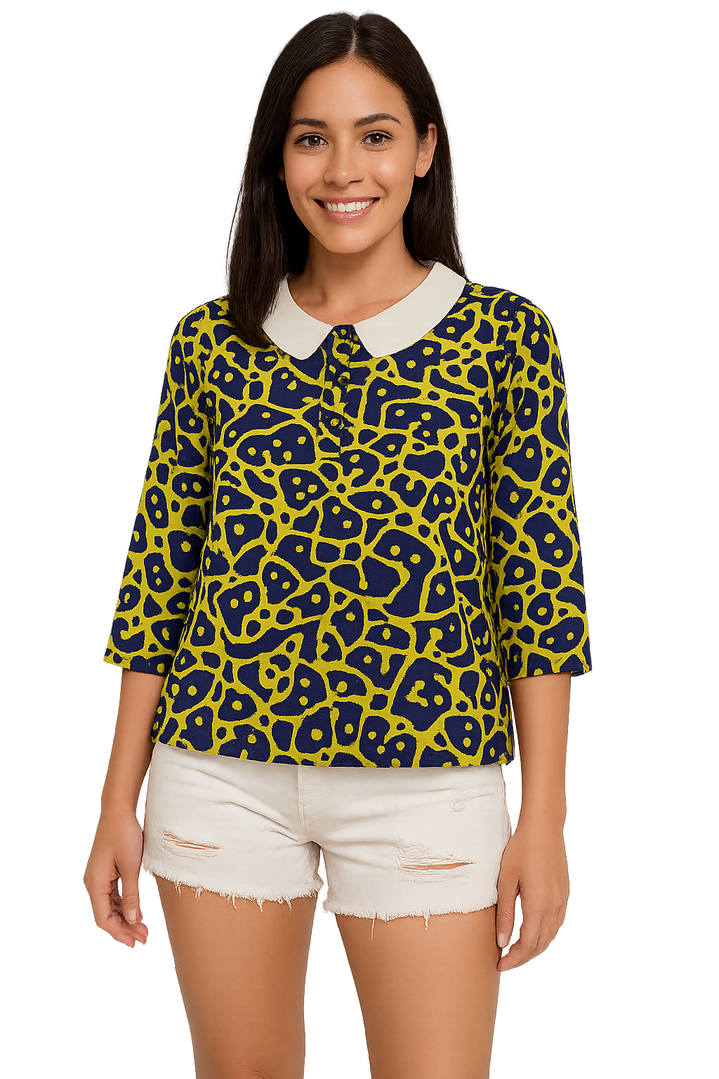 Blue printed three quarter sleeved collar top