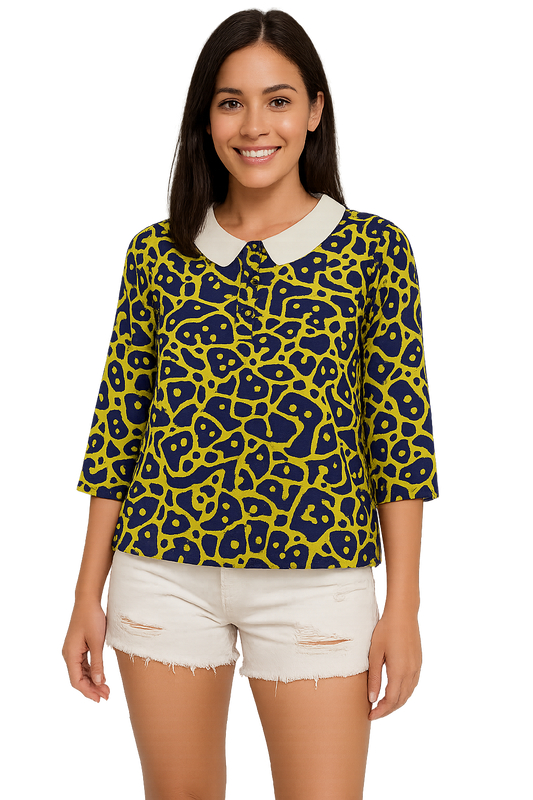 Blue printed three quarter sleeved collar top