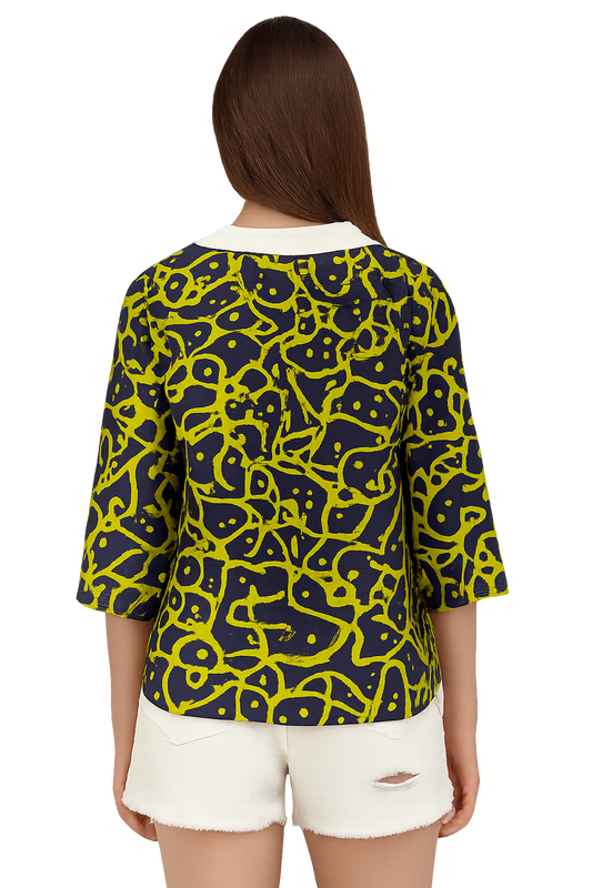 Blue printed three quarter sleeved collar top